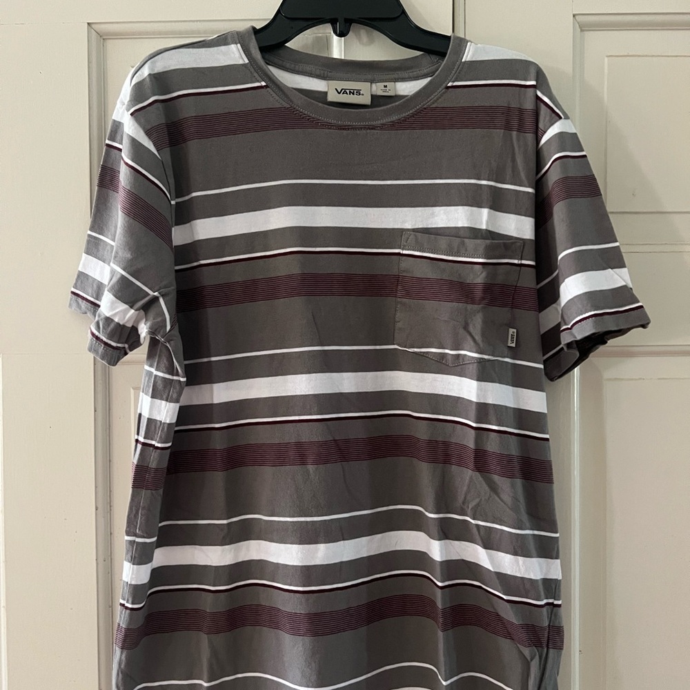 EUC Vans Men's Gray and Maroon Striped Tee